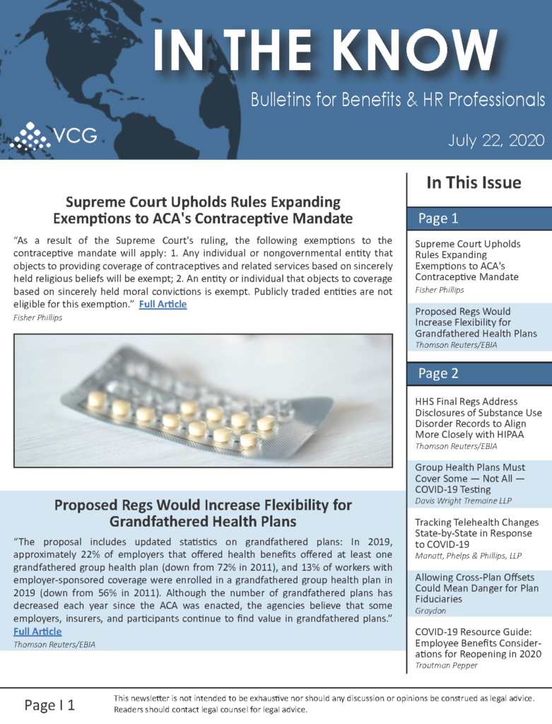 Benefits Newsletter 7/22/20 | VCG Consultants